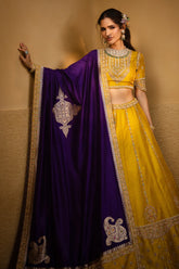 Yellow Raw Silk Designer Handworked Lehenga with Crew Neck Blouse